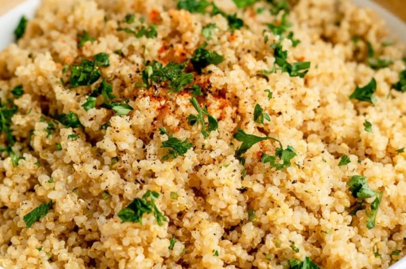 Delicious Garlic Butter Quinoa served in a bowl, garnished with herbs.