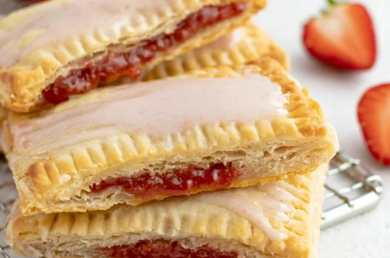 Homemade sourdough pop tarts with jam filling and icing on a plate