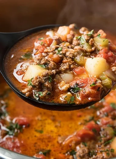 A bowl of hearty Instant Pot hamburger soup filled with vegetables and ground beef.