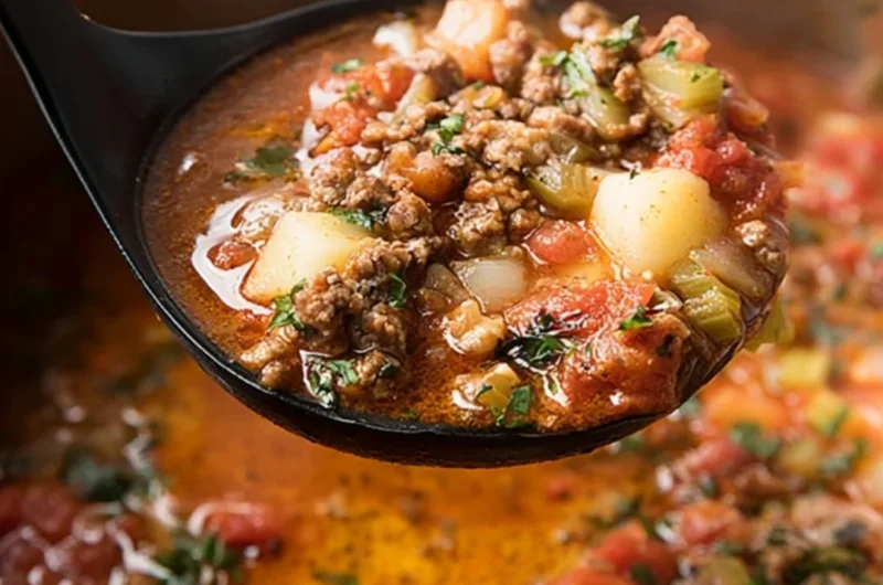 A bowl of hearty Instant Pot hamburger soup filled with vegetables and ground beef.