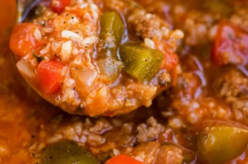 Bowl of delicious Instant Pot stuffed pepper soup garnished with fresh herbs.