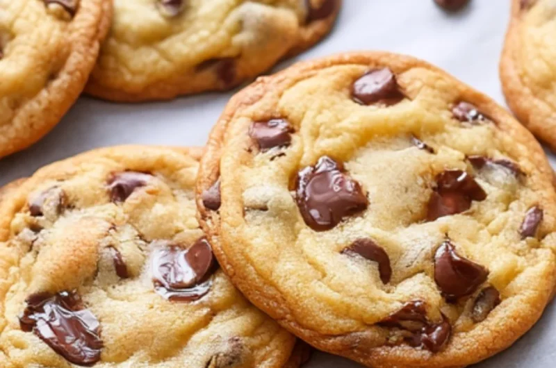 Freshly baked bakery style chocolate chip cookies on a cooling rack