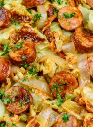 Plate of keto fried sausage and cabbage, a low-carb meal option