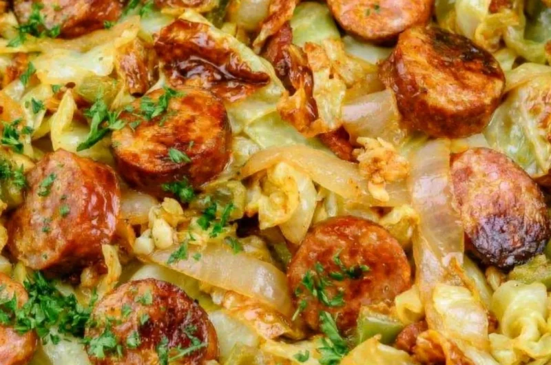 Plate of keto fried sausage and cabbage, a low-carb meal option