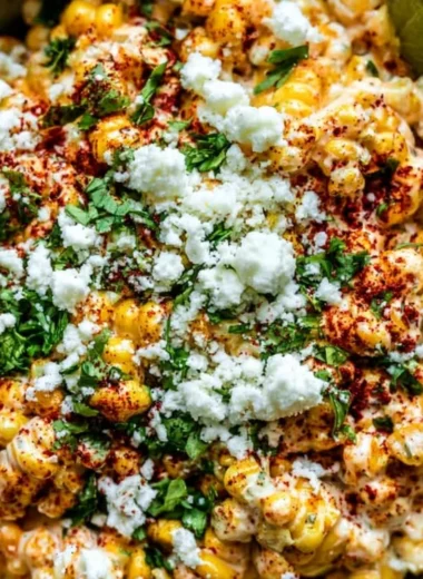 Delicious Mexican Street Corn (Elote) topped with cheese, spices, and lime.
