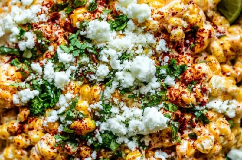 Delicious Mexican Street Corn (Elote) topped with cheese, spices, and lime.