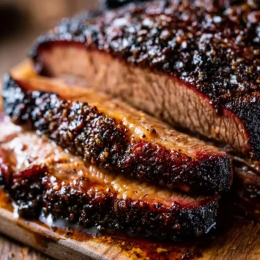 Oven baked beef brisket served on a platter with sides
