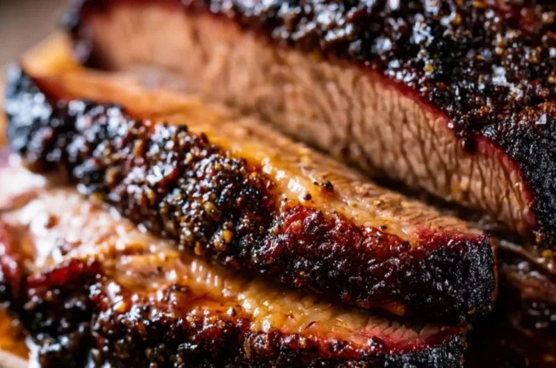 Oven baked beef brisket served on a platter with sides