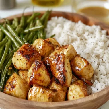 Delicious honey mustard chicken bowl served with fresh vegetables and grains