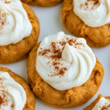 Delicious pumpkin cookies with cream cheese frosting on a wooden table