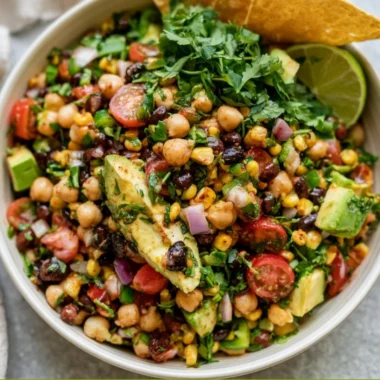 Colorful Southwest Chickpea Black Bean Salad with fresh ingredients