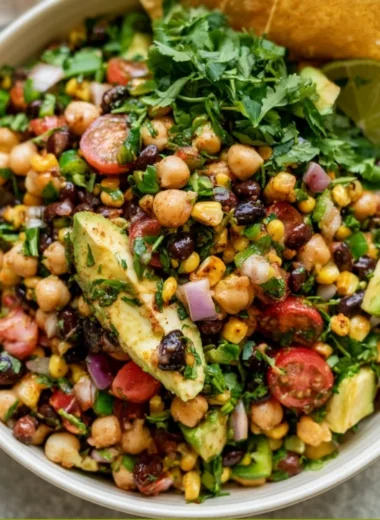 Colorful Southwest Chickpea Black Bean Salad with fresh ingredients