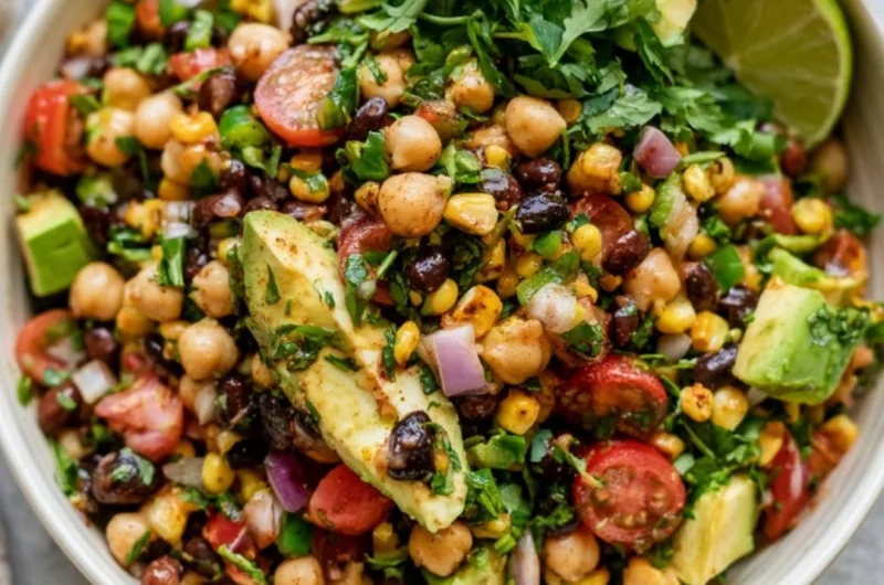 Colorful Southwest Chickpea Black Bean Salad with fresh ingredients