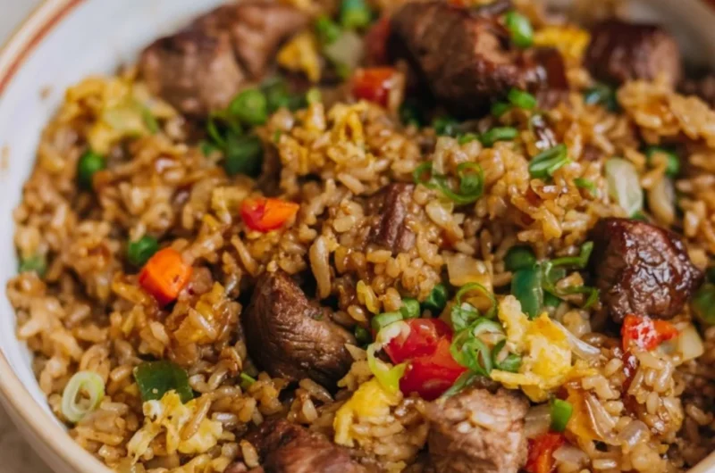 Delicious plate of Steak Fried Rice with tender beef and colorful vegetables
