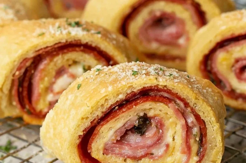 Homemade Stromboli filled with cheese, pepperoni, and vegetables on a wooden board.