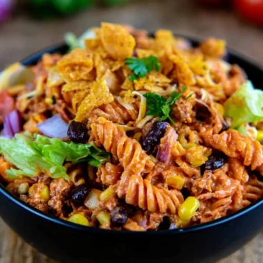 Colorful Taco Pasta Salad with fresh ingredients and toppings.