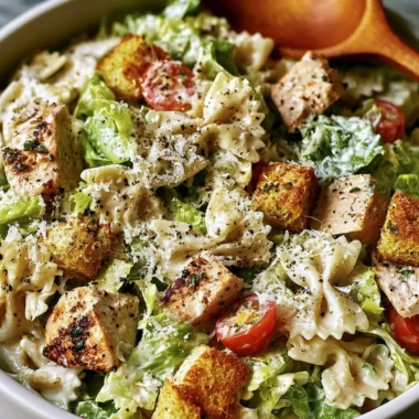 Delicious Chicken Caesar Pasta Salad served in a bowl with fresh ingredients