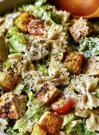 Delicious Chicken Caesar Pasta Salad served in a bowl with fresh ingredients