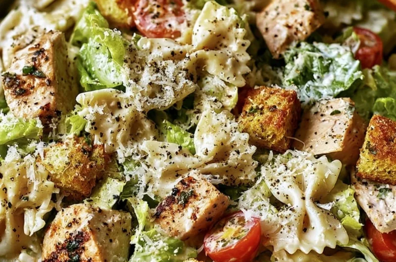 Delicious Chicken Caesar Pasta Salad served in a bowl with fresh ingredients