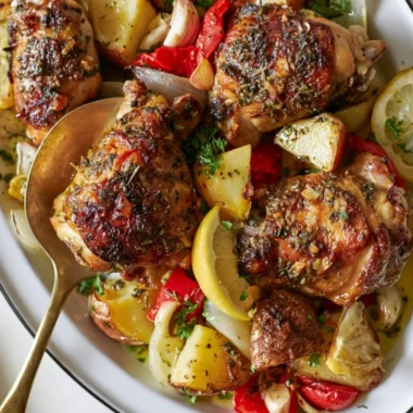 Delicious Greek Chicken and Potatoes served with herbs and lemon