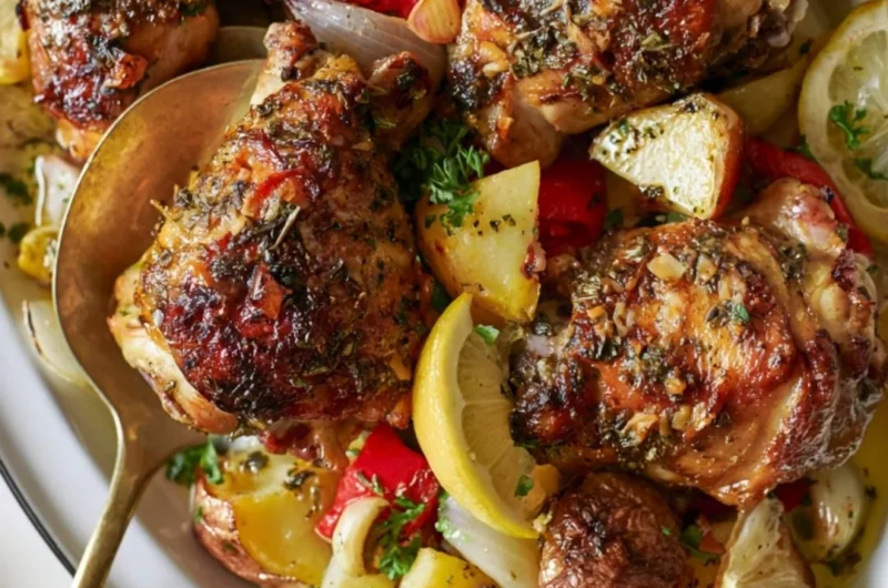 Delicious Greek Chicken and Potatoes served with herbs and lemon