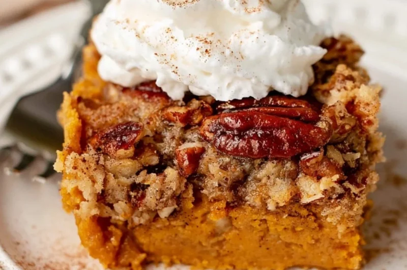 Delicious Pumpkin Dump Cake served with whipped cream on a plate