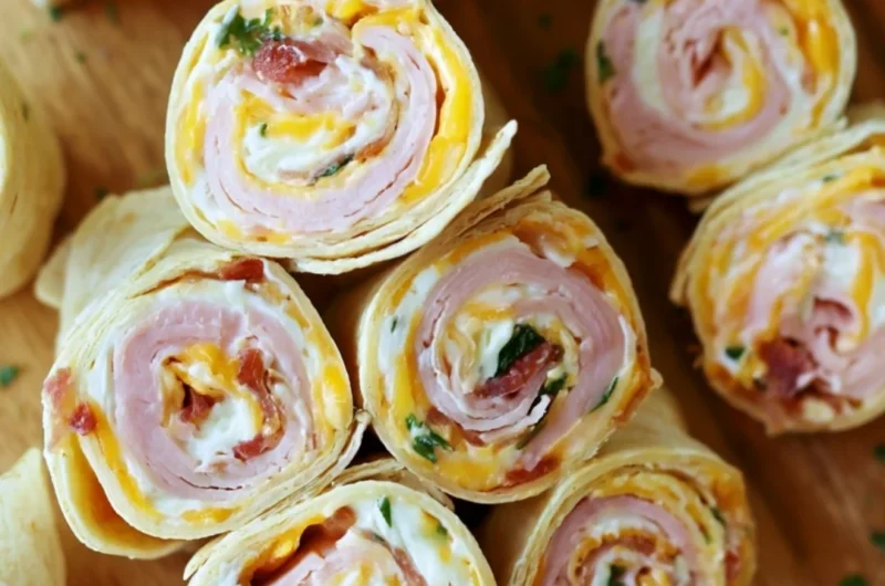 Turkey bacon and cheese tortilla pinwheels on a serving platter