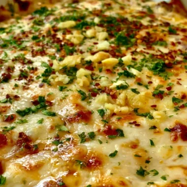 Baked garlic bread dip served with fresh bread for dipping