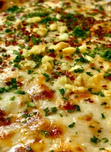Baked garlic bread dip served with fresh bread for dipping