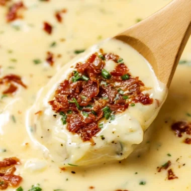 Creamy baked potato soup garnished with cheese and chives in a bowl