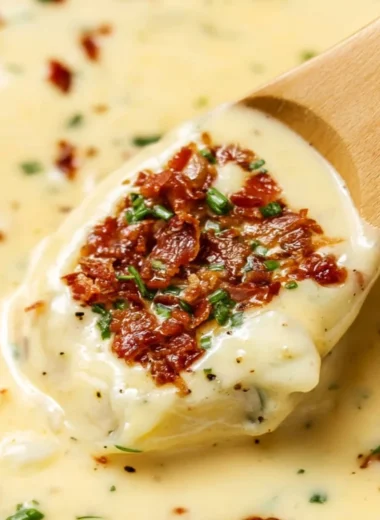 Creamy baked potato soup garnished with cheese and chives in a bowl