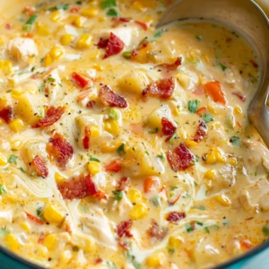 Bowl of creamy Chicken Corn Chowder with corn and chicken pieces