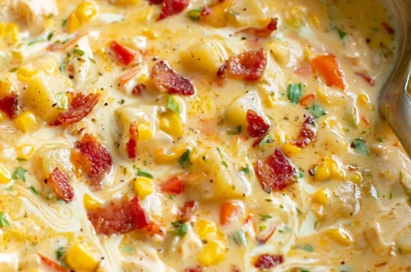 Bowl of creamy Chicken Corn Chowder with corn and chicken pieces