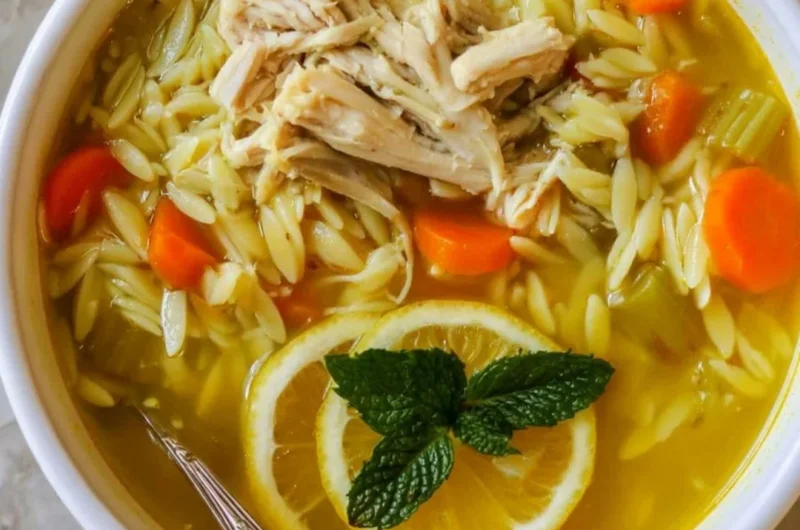 Bowl of Chicken Lemon Orzo Soup with fresh lemon and herbs