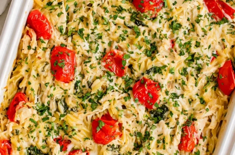 Delicious Chicken Orzo Bake ready to serve, showcasing creamy sauce and tender chicken.
