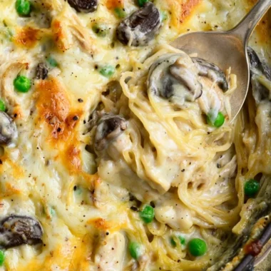 Delicious easy Chicken Tetrazzini casserole served on a plate