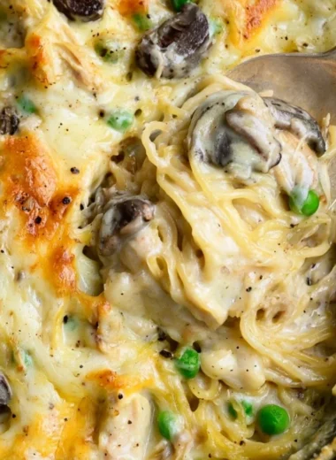 Delicious easy Chicken Tetrazzini casserole served on a plate