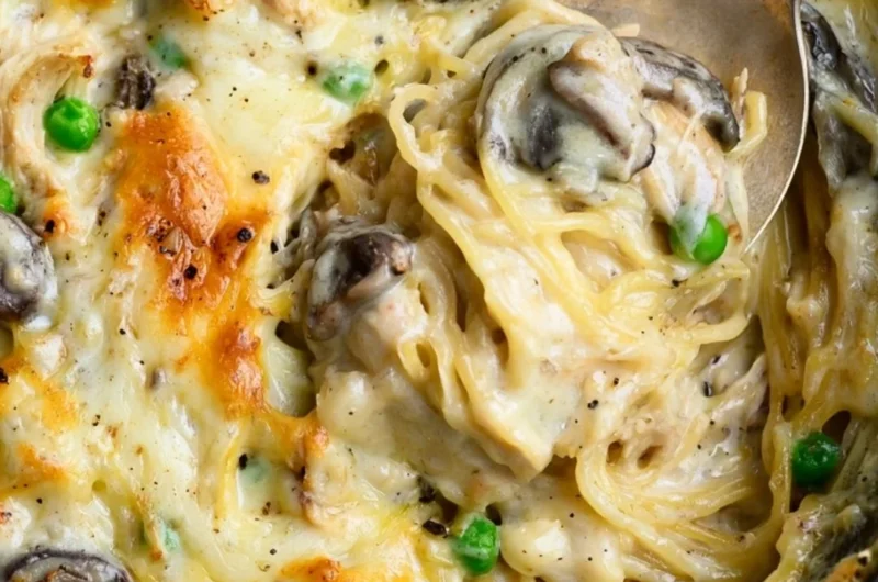 Delicious easy Chicken Tetrazzini casserole served on a plate