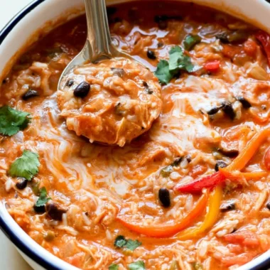 Bowls of Pepper Jack Chicken Fajita Soup with colorful vegetables and rice