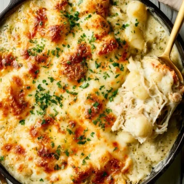 Pesto Chicken Gnocchi Bake topped with fresh basil and cheese