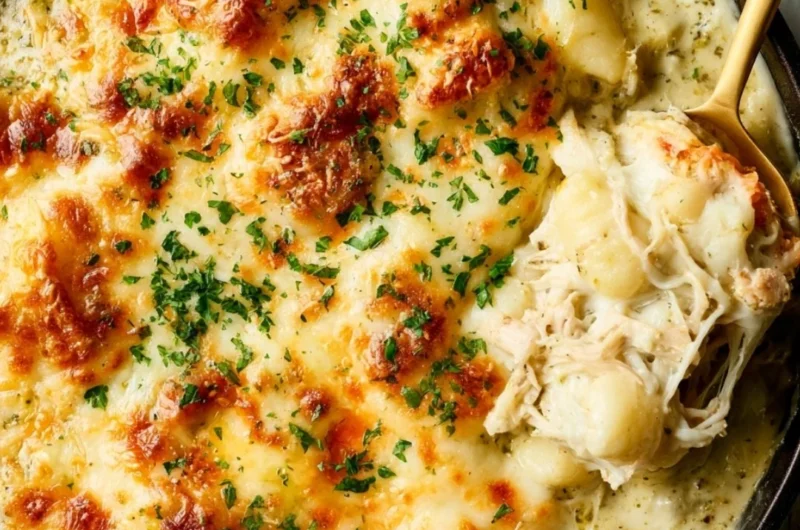 Pesto Chicken Gnocchi Bake topped with fresh basil and cheese