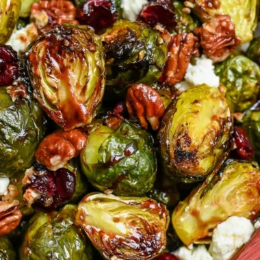 Maple Balsamic Roasted Brussels Sprouts on a Thanksgiving table