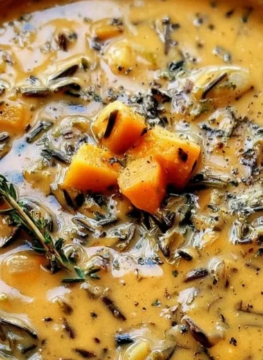 Bowl of comforting wild rice soup with vegetables and herbs