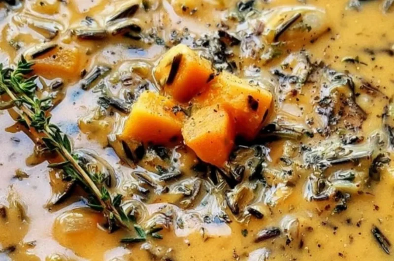 Bowl of comforting wild rice soup with vegetables and herbs