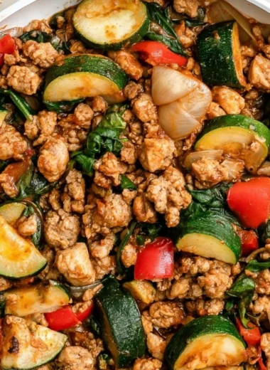 Whole30 Turkey Taco Skillet with ground turkey and zucchini in a colorful dish